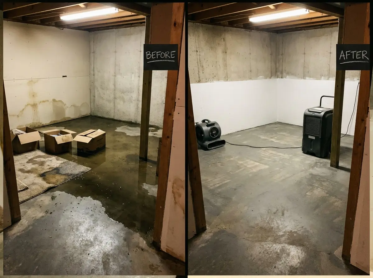 Before and after basement sewage damage cleanup Everett WA