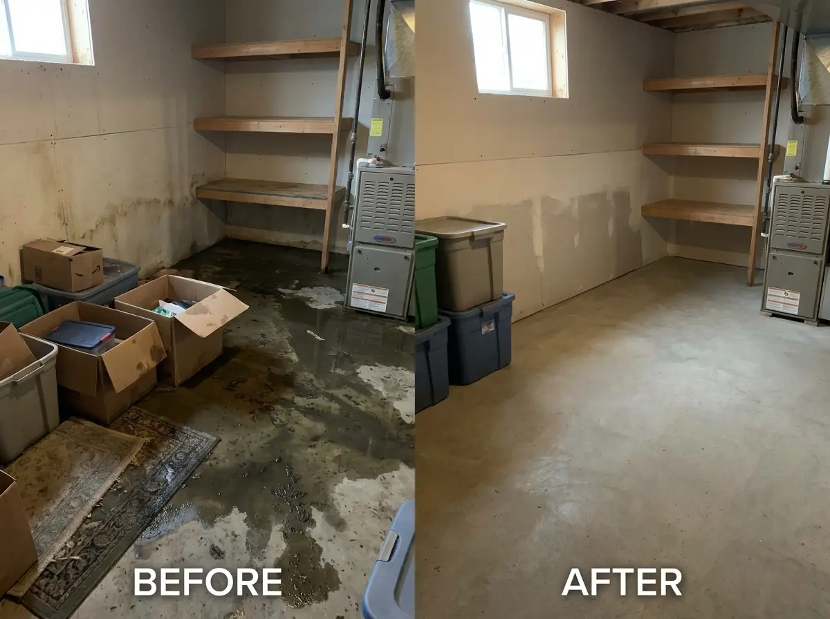 Before and after basement water damage cleanup Everett WA