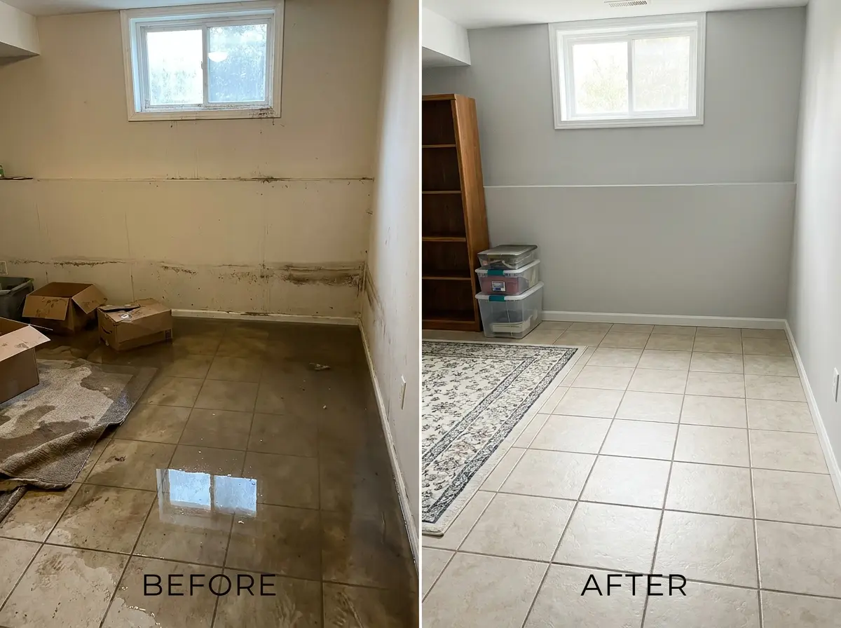 Before and after flood damage restoration Everett WA