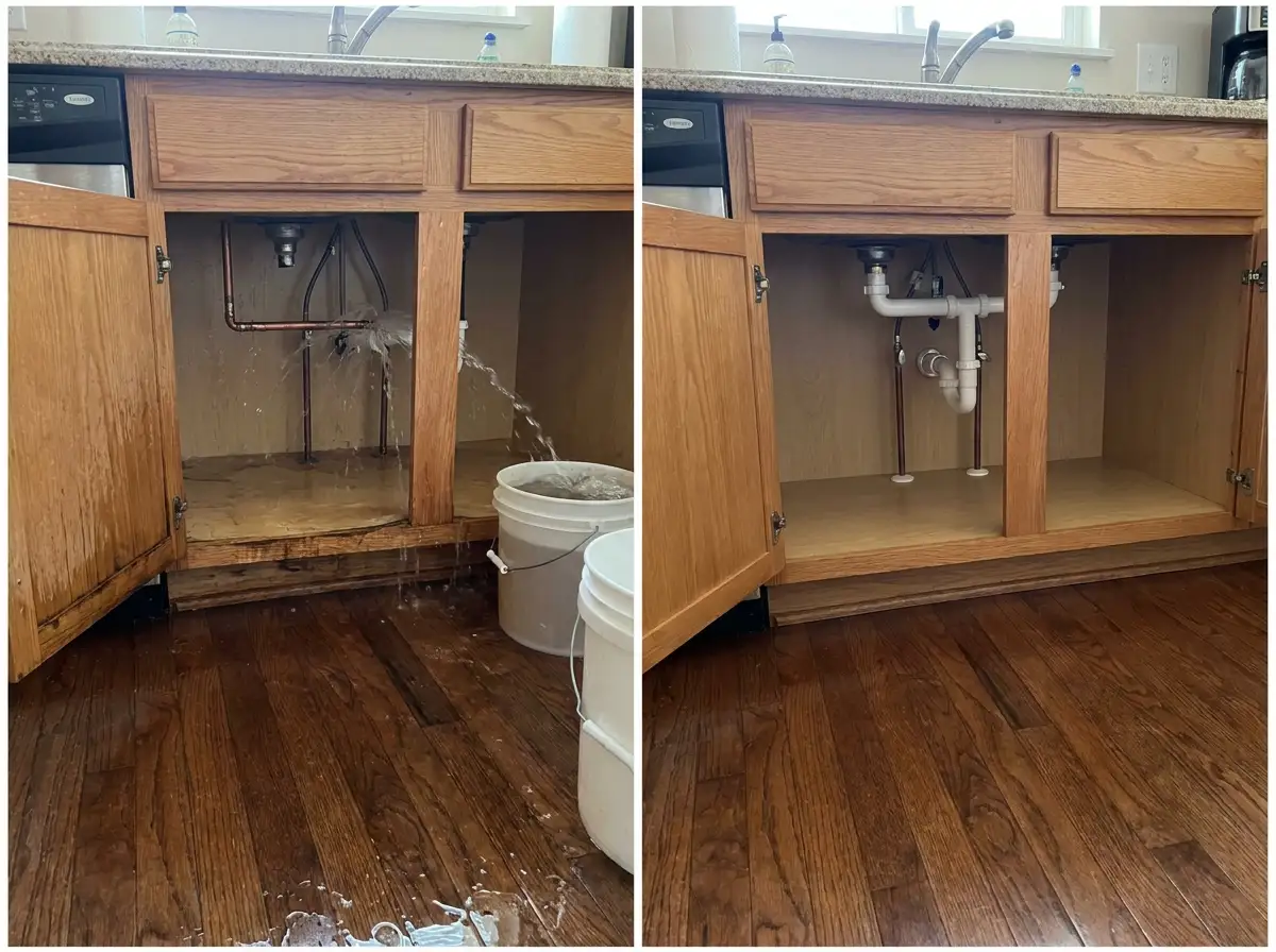Before and after kitchen burst pipe repair Everett WA