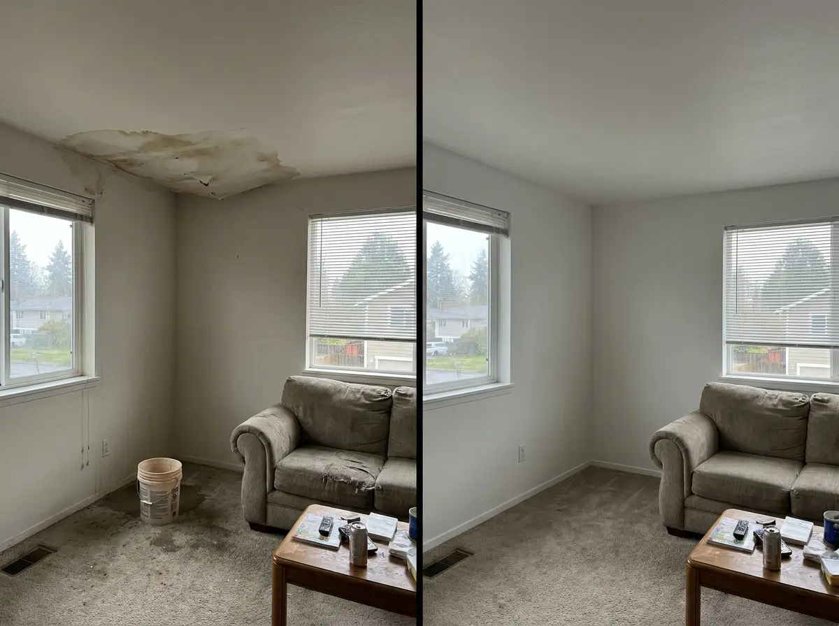 Before and after roof leak water damage repair Everett WA